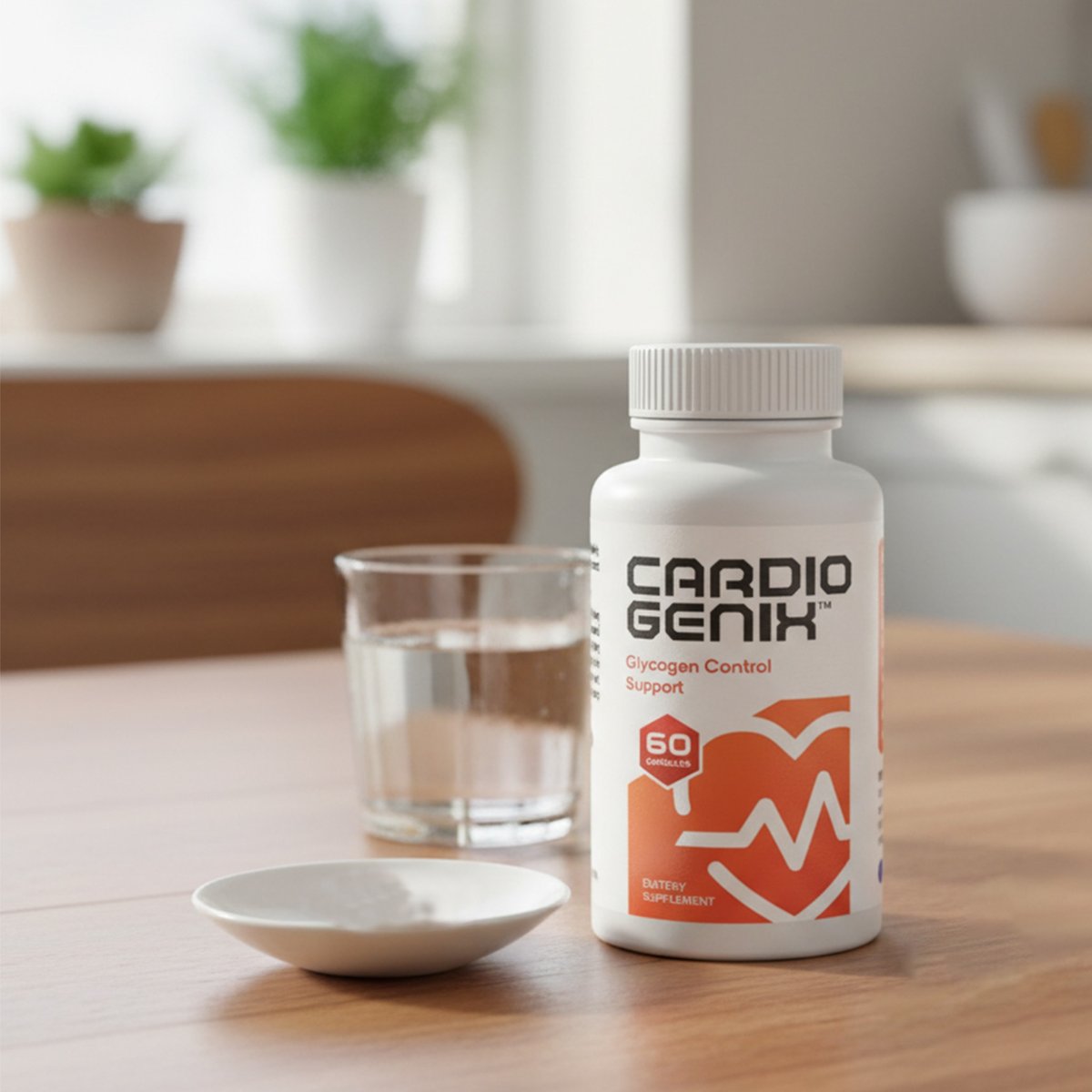 CardioGenix bottle with a glass of water